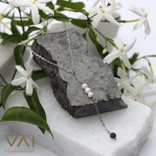 Necklace “Amore”, Gemstone Diffuser Jewellery, Handmade with Natural Lava and Freshwater Pearls.