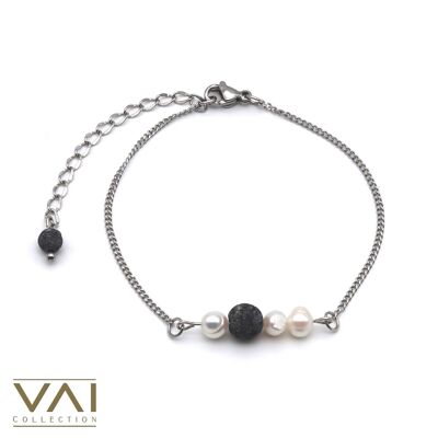 Bracelet « Sous ma peau », bijoux diffuseur de pierres précieuses, faits à la main avec de la lave naturelle et des perles d'eau douce.