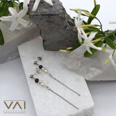 Earrings “Pearly Heaven”, Gemstone Diffuser Jewellery, Handmade with Natural Lava and Freshwater Pearls.