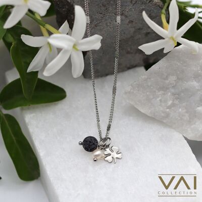 Necklace “Wish Me Luck”, Gemstone Diffuser Jewellery, Handmade with Natural Lava and Freshwater Pearls.
