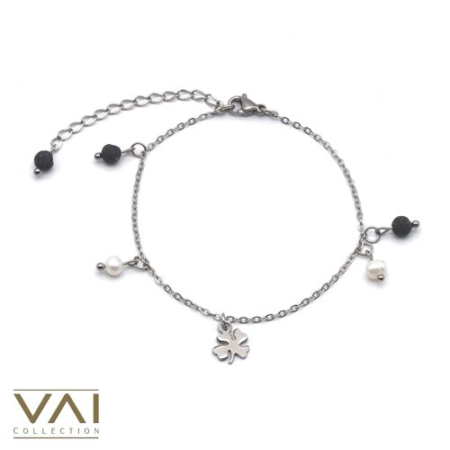 Bracelet “Good Luck”, Gemstone Diffuser Jewellery, Handmade with Natural Lava and Freshwater Pearls.