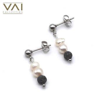 Boucles d'oreilles « Classic Party », bijoux diffuseurs de pierres précieuses, faits à la main avec de la lave naturelle et des perles d'eau douce. 2