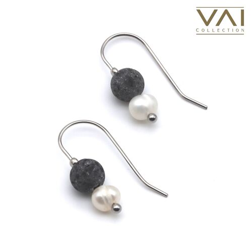 Earrings “Short Break”, Gemstone Diffuser Jewellery, Handmade with Natural Lava and Freshwater Pearls.