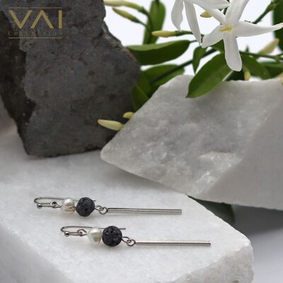 Earrings “Long Break”, Gemstone Diffuser Jewellery, Handmade with Natural Lava and Freshwater Pearls.