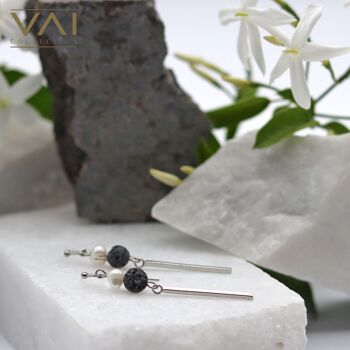 Boucles d'oreilles « Long Break », bijoux diffuseur de pierres précieuses, faits à la main avec de la lave naturelle et des perles d'eau douce. 4