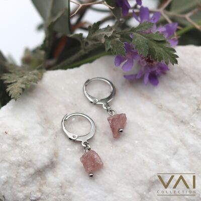 Hoops “Twinkling Star”, Gemstone Jewelry, Handmade with Natural Strawberry Quartz.