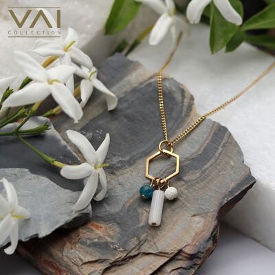 Collier « Blue Hope », bijoux diffuseur de pierres précieuses, fait à la main avec du jade blanc naturel / apatite / lave blanche.