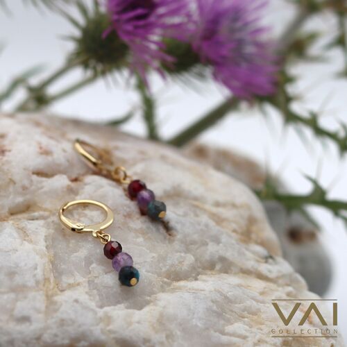 Hoops “Funky Groove”, Gemstone Jewellery, Handmade with Natural Garnet / Amethyst / Chrysocolla.