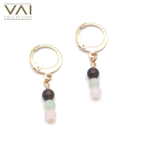 Hoops “Honey Pop”, Gemstone Jewellery, Handmade with Natural Smoky Quartz / Amazonite / Rose Quartz.