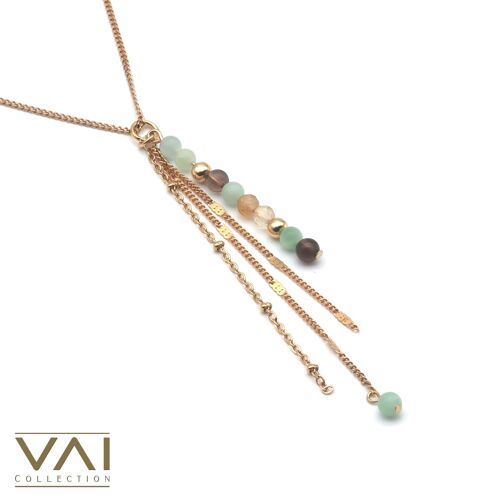 Necklace “Waikiki Beach”, Gemstone Jewelry, Handmade with Natural Myanmar Jade / Citrine / Smoky Quartz.