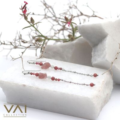 Orecchini "Primula rosa", gioielli con pietre preziose, realizzati a mano con quarzo fragola naturale/rodocrosite/pietra di luna