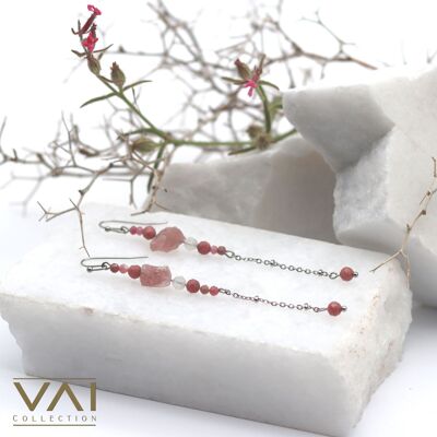 Boucles d'oreilles « Primevère Rose », Bijoux en Pierres Précieuses, Faits à la Main avec Quartz Fraise Naturel / Rhodochrosite / Pierre de Lune