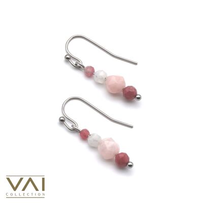 Pendientes “Pretty In Pink”, Joyas de Piedras Preciosas, Hechos a Mano con Morganita Natural / Rodocrosita / Piedra Lunar