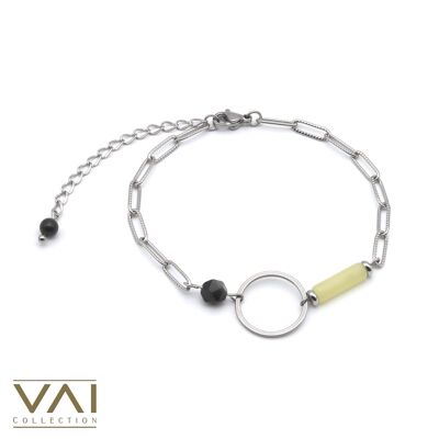 Bracelet « Twilight », Bijoux en pierres précieuses, faits à la main avec Jade jaune naturel / Obsidienne
