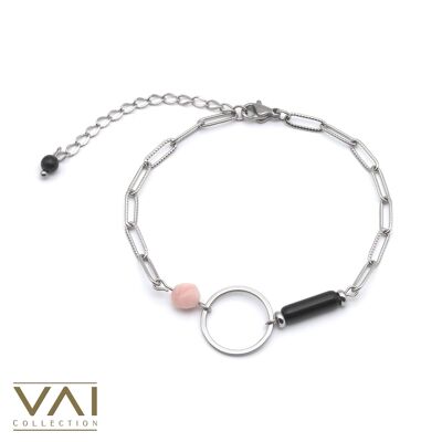 Bracelet “Eclectic”, Gemstone Jewellery, Handmade with Natural Obsidian/ Morganite
