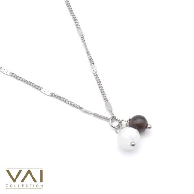 Necklace “Beyond The Moon", Gemstone Jewellery, Handmade with Natural Moonstone / Smoky Quartz