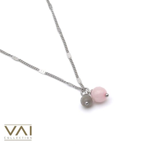 Necklace “Pink Sensation”, Gemstone Jewellery, Handmade with Natural Rose Quartz / Labradorite
