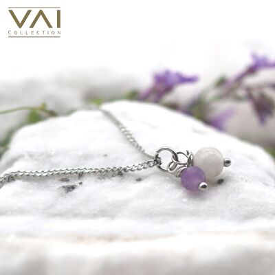 Halskette „Lavendel“, Edelsteinschmuck, handgefertigt mit natürlichem Mondstein / Amethyst
