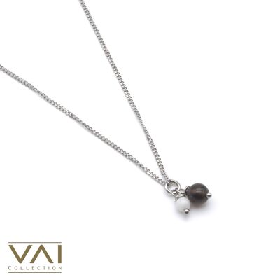 Collana “Espresso”, gioielli con pietre preziose, realizzati a mano con quarzo fumé naturale/giada bianca