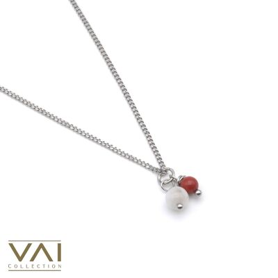 Halskette „Red Sensation“, Edelsteinschmuck, handgefertigt mit natürlichem roten Jaspis / Mondstein