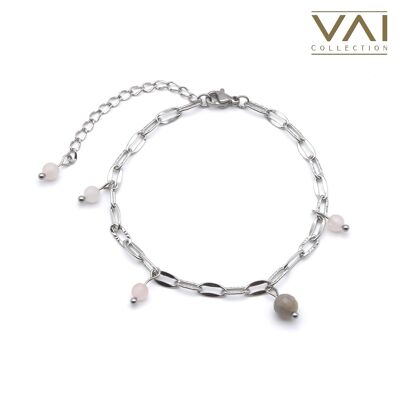 Pulsera “Mercury Circle”, joyería de piedras preciosas, hecha a mano con cuarzo rosa natural / labradorita