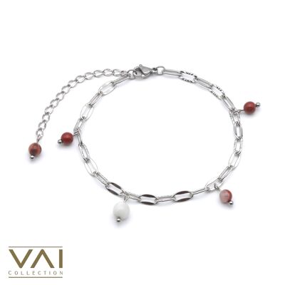 Bracelet « Chaleur Rouge », Bijoux en Pierres Précieuses, Fait Main avec Pierre de Lune Naturelle / Jaspe Rouge