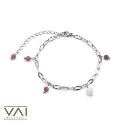 Bracelet « Grenade Rose », Bijoux en Pierres Précieuses, Fait Main avec Pierre de Lune Naturelle / Rhodochrosite