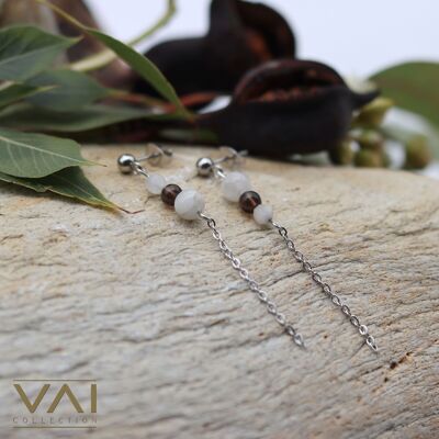 Orecchini “La Luna”, gioielli con pietre preziose, realizzati a mano con pietra di luna naturale/quarzo fumé.