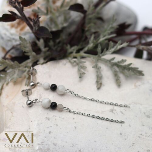 Earrings “Black Spirit”, Gemstone Jewellery, Handmade with Natural Moonstone / Obsidian.