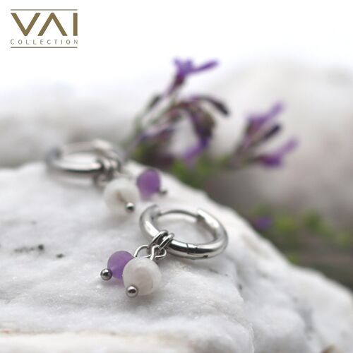 Hoops Earrings “Lilac”, Gemstone Jewellery, Handmade with Natural Moonstone / Amethyst.