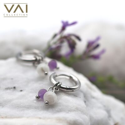 Boucles d'oreilles créoles « Lilas », bijoux en pierres précieuses, faites à la main avec pierre de lune naturelle/améthyste.