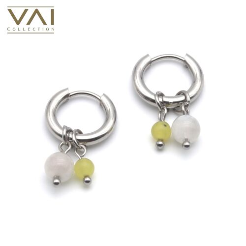 Hoops Earrings “Eclipse", Gemstone Jewellery, Handmade with Natural Moonstone / Yellow Jade.