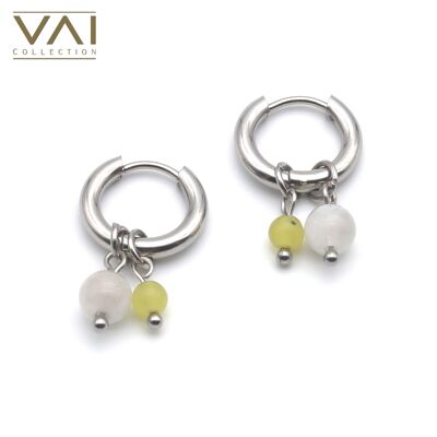 Hoops Earrings “Eclipse", Gemstone Jewellery, Handmade with Natural Moonstone / Yellow Jade.