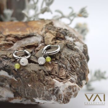 Boucles d'oreilles créoles « Eclipse », bijoux en pierres précieuses, faites à la main avec pierre de lune naturelle / jade jaune. 2