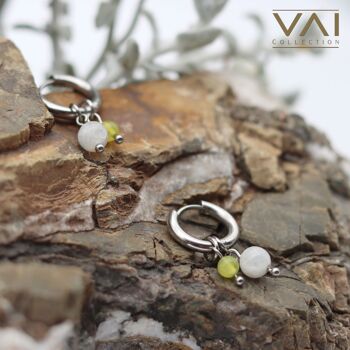 Boucles d'oreilles créoles « Eclipse », bijoux en pierres précieuses, faites à la main avec pierre de lune naturelle / jade jaune. 3