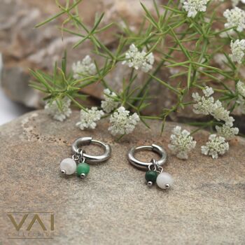 Boucles d'oreilles créoles « Olivegrove », bijoux en pierres précieuses, faits à la main avec pierre de lune naturelle / jade africain. 2