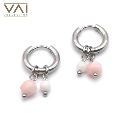 Boucles d'oreilles créoles « Soft Breeze », bijoux en pierres précieuses, faits à la main avec du jade blanc naturel et de la morganite.