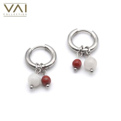 Hoops Earrings “Red Flame”, Gemstone Jewellery, Handmade with Natural Moonstone / Red Jasper.