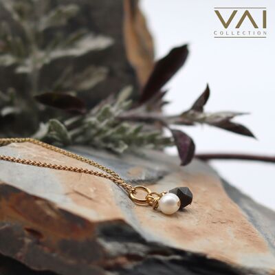 Necklace “Pearly Love”, Gemstone and Freshwater Pearl Jewellery, Handmade Jewelry with Natural Obsidian.
