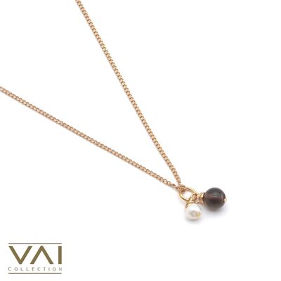 Collana “Bellini”, Gioielli con Pietre Preziose e Perle d'Acqua Dolce, Gioielli Fatti a Mano con Quarzo Fumé Naturale.