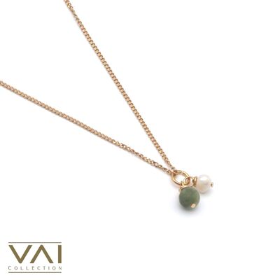 Halskette „Neptun“, Edelstein- und Süßwasserperlenschmuck, handgefertigter Schmuck mit natürlicher Jade.