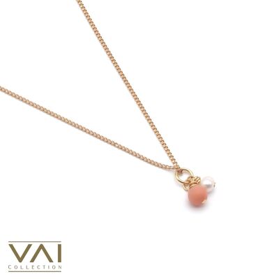 Collana “Pinky Pearl”, gioielli con pietre preziose e perle d'acqua dolce, gioielli fatti a mano con avventurina rossa naturale.