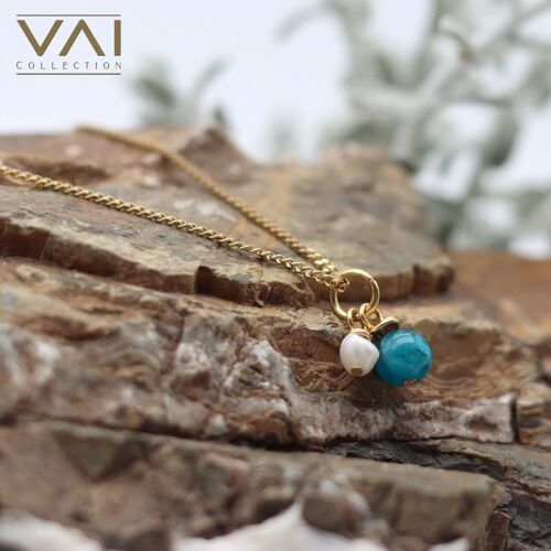 Necklace “Del Mare”, Gemstone and Freshwater Pearl Jewellery, Handmade Jewelry with Natural Apatite.