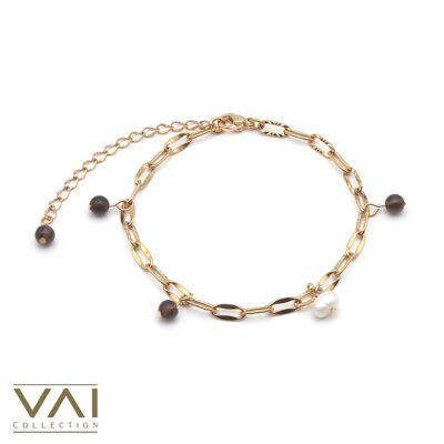 Bracciale “Illusion”, gioielli con pietre preziose e perle d'acqua dolce, gioielli fatti a mano con quarzo fumé naturale.