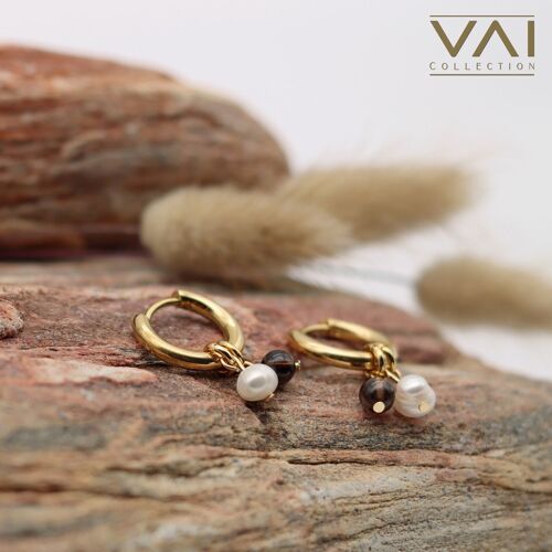 Hoops Earrings “Nightlight”, Gemstone and Freshwater Pearl Jewellery, Handmade Jewelry with Natural Smoky Quartz.