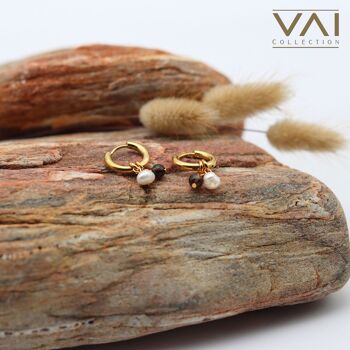 Boucles d'oreilles créoles « Veilleuse », bijoux en pierres précieuses et perles d'eau douce, bijoux faits à la main avec quartz fumé naturel. 4