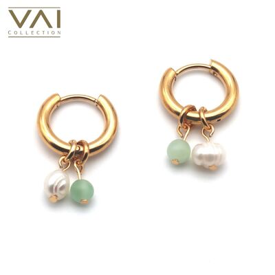 Boucles d’oreilles créoles « Pureté », bijoux en pierres précieuses et perles d’eau douce, bijoux faits à la main avec jade naturel.