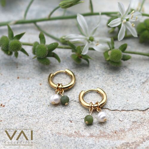 Hoop Earrings “Central Park”, Gemstone and Freshwater Pearl Jewellery, Handmade Jewelry with Natural Jade.