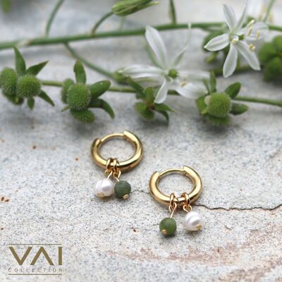 Orecchini a cerchio “Central Park”, gioielli con pietre preziose e perle d'acqua dolce, gioielli fatti a mano con giada naturale.