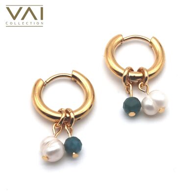 Boucles d’oreilles créoles « Orion », bijoux en pierres précieuses et perles d’eau douce, bijoux faits à la main avec apatite naturelle.